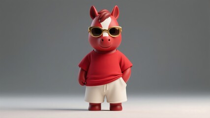 A 3D-rendered, stylish cartoon horse character in a standing pose. It features a cool red aesthetic and is accessorized with sunglasses.