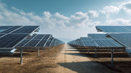 Expansive Solar Panel Installation on Clear Day with Blue Sky and Tranquil Landscape in Background for Renewable Energy Concept and Sustainability