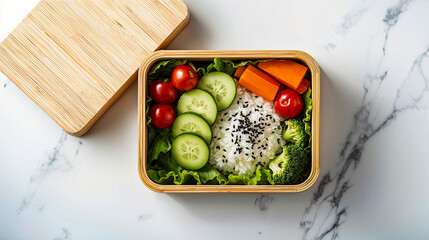 A fresh and colorful healthy lunch bento box filled with rice, cucumbers, cherry tomatoes, broccoli, carrots, and lettuce, presented in a natural bamboo container.