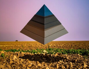 A multi-layered geometric pyramid floats above a barren agricultural field, dusk sky