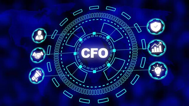 Digital network graphic with CFO in center surrounded by icons representing business functions on a world map background