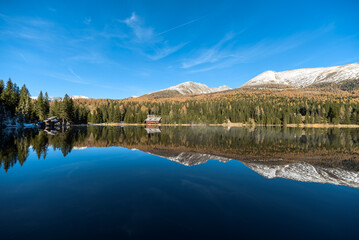 Prebersee in Lungau , Spiegelungen der Berge im See mit Schneebergen