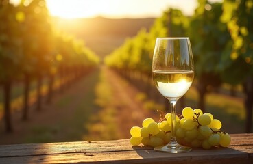 Obraz premium Sparkling clear glass of white wine, fresh green grapes rest on rustic wooden table. Long rows of grapevines stretch across beautiful sunny vineyard in background. Golden light of sunset illuminates