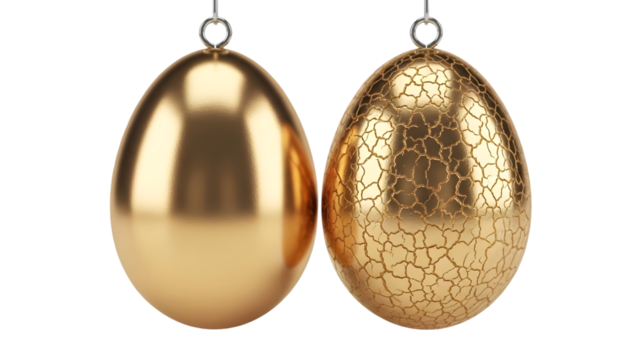 Two golden eggs hanging from above reflective surface isolated on transparent background - Powered by Adobe
