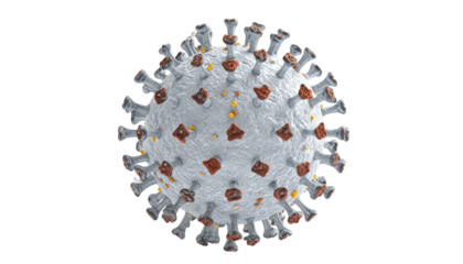 Spherical virus with spiked protein structure in white, gray, and brown against a stark black background