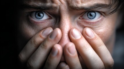A person displays raw emotions of anxiety and fear, hands covering their face in a moment of distress