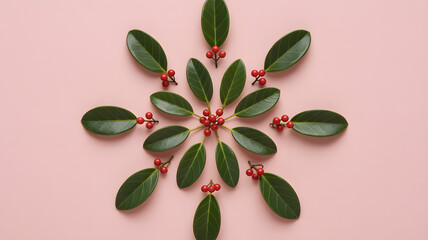 Holly leaves and red berries arranged in decorative festive holiday pattern