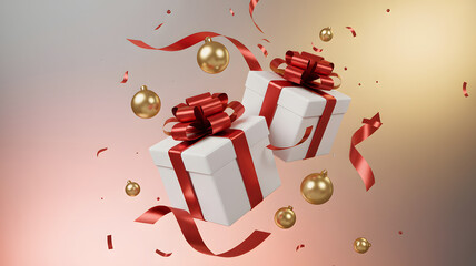 White gift boxes with red ribbons floating in festive holiday celebration scene
