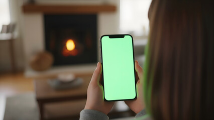Hand holding mobile smartphone with blank green screen mockup woman over shoulder view in cozy warm home living room with burning fireplace background for app display chroma key