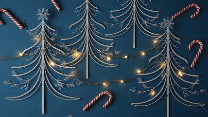 Minimal christmas tree line art with glowing lights and candy canes on dark background
