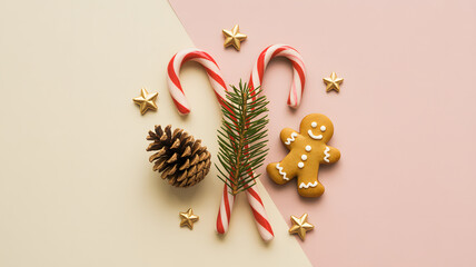 Christmas flatlay with candy canes gingerbread and natural festive decorations
