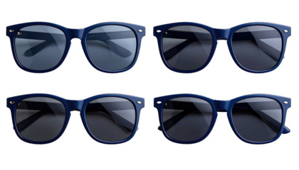 Four pairs of navy blue sunglasses arranged against a black background, presenting a symmetrical, focused composition