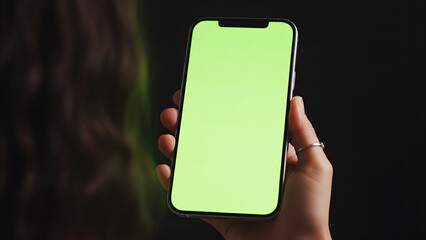 Hand holding mobile smartphone with blank green screen mockup woman with ring on finger in dark black studio background for dark mode app advertisement display chroma key concept