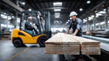 Two workers handle timber in a busy warehouse, showcasing teamwork and efficiency in a modern industrial setting