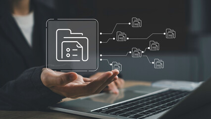 Hold on digital folder icon with connected files, illustrating document workflow, data sharing, and streamlined digital file management for efficient business communication and collaboration.