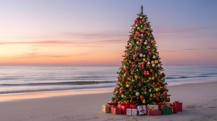 Decorated christmas tree on sandy beach at colorful sunset with holiday gifts
