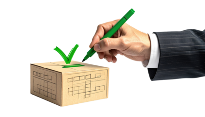 Hand placing a green check mark into a cardboard box with a sketch of a cityscape, on a dark background