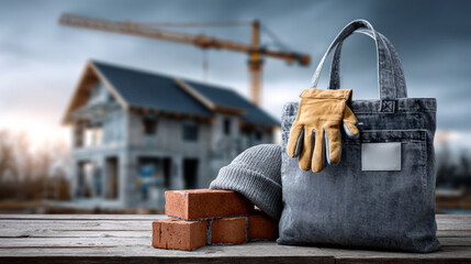 Building essentials like gloves and bricks rest on wood, highlighting the effort in construction projects