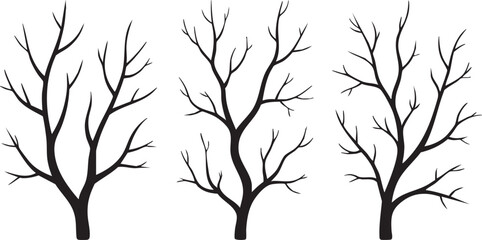 Vector collection of black silhouettes of tree branches isolated on white background
