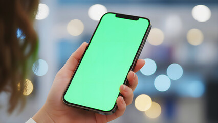 Hand holding mobile smartphone with blank green screen mockup woman perspective view with abstract blurred bokeh lights background for digital app advertisement display chroma key