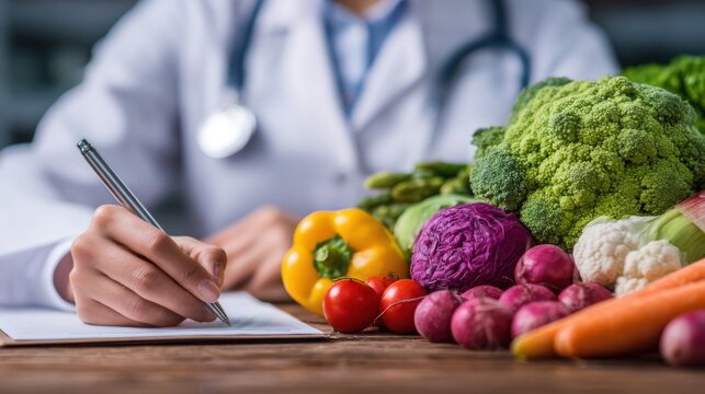 A health professional is writing down notes while surrounded by a variety of fresh vegetables including broccoli, peppers, and carrots on a table. This scene takes place in a kitchen - Powered by Adobe