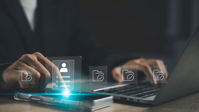 Touch on digital document icons, symbolizing document management, HR process automation, and job recruitment systems for modern business workflow and data organization.