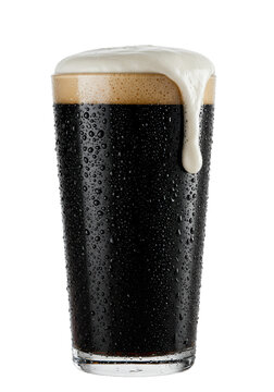 hyper-detailed macro of a pint glass with heavy condensation and frost, overflowing with jet-black imperial stout and thick white foam, isolated on white. concept for luxury beverage advertising