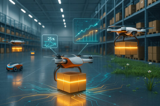 Automated drone delivering package in futuristic warehouse logistics.