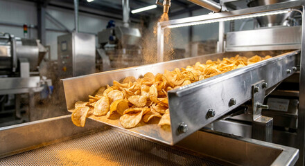 Industrial Potato Chips Production Line with Freshly Fried Snack Chips on Conveyor Belt in Modern...