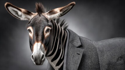 Naklejka premium A uniquely dressed zebra-like animal showcases elegance in a fitted suit against a dramatic background
