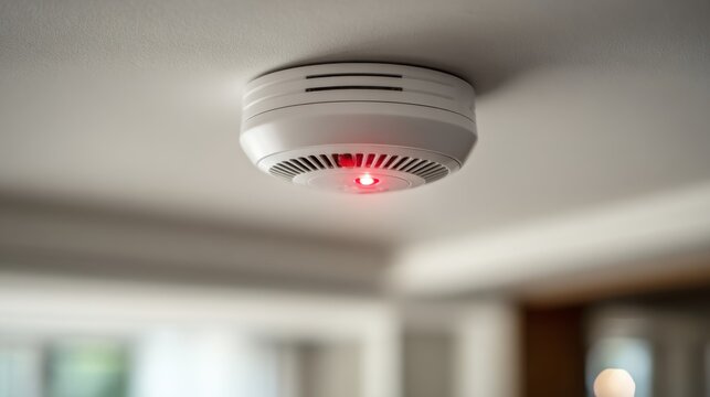 Smoke detector with a blinking red light mounted on a ceiling, ensuring safety and security within a domestic environment for fire prevention