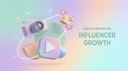 3D rendering of social media icons and camera with text influencer growth and digital creator hub image