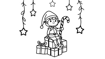 cute little elf sitting on stack of gift boxes