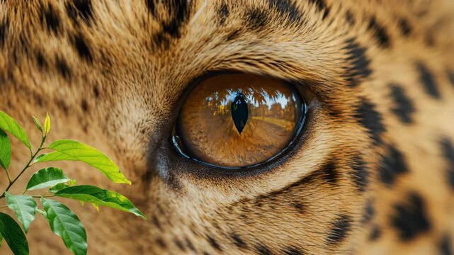 Extreme Close Up Of A Leopard's Eye Reflecting A Forest Road At Golden Hour With Green Leaves In The Foreground