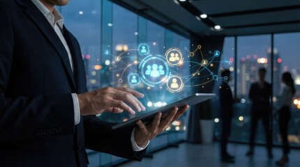 Businessman using tablet with holographic network of people and connections in modern office at night