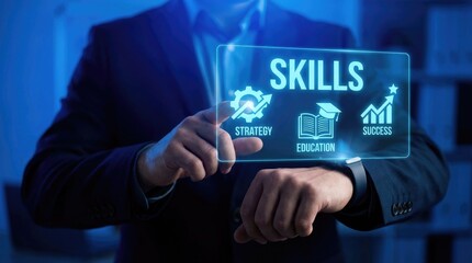 Businessman touching holographic screen displaying SKILS with icons for strategy education and success