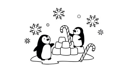 penguin family building snow castle together