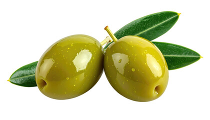 Two green olives with leafy sprigs, glistening with tiny droplets, on a black backdrop