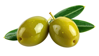 Two green olives with leafy sprigs, glistening with tiny droplets, on a black backdrop