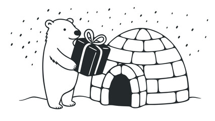 polar bear cub holding gift box with ribbon