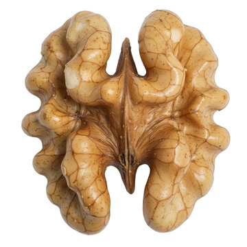 close-up of a cracked walnut half revealing intricate kernel patterns on a white background.