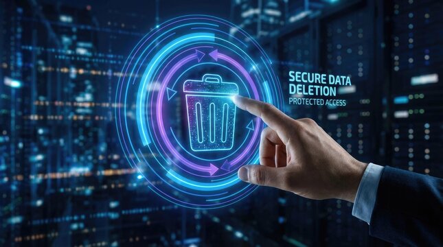 Finger Tapping Secure Data Deletion Icon with Glowing Circular Arrows and Padlocks in Server Room digital security - Powered by Adobe