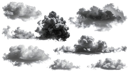 Assorted fluffy cloud formations against a stark black background, showcasing various shapes and textures in grayscale