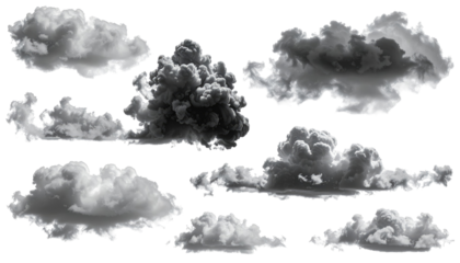 Assorted fluffy cloud formations against a stark black background, showcasing various shapes and textures in grayscale