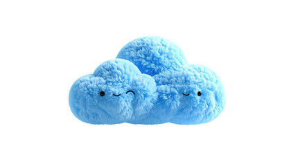 Cute fluffy light blue cloud plush with two small, smiling faces, isolated against a black background