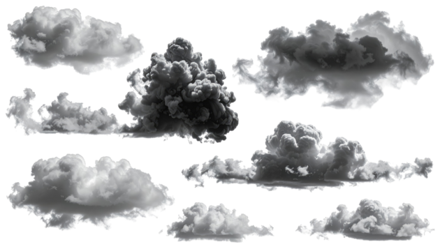 Assorted fluffy cloud formations against a stark black background, showcasing various shapes and textures in grayscale - Powered by Adobe