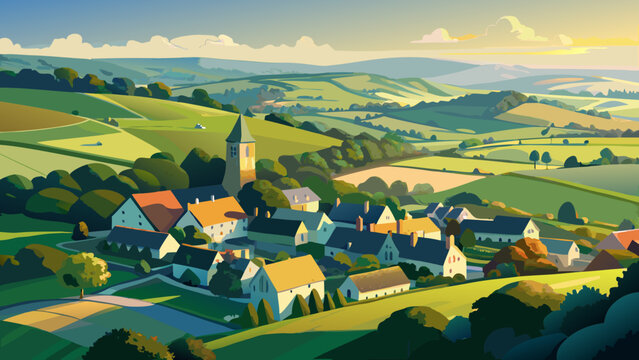 Very beautiful aerial summer view of the rural village of Morchard Bishop in Devon, showing rolling green fields, scattered homes, winding country lanes, and peaceful countryside scenery under warm 