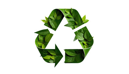 A recycling symbol formed with green leaves, isolated against a stark black background