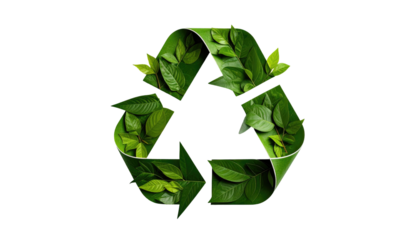A recycling symbol formed with green leaves, isolated against a stark black background