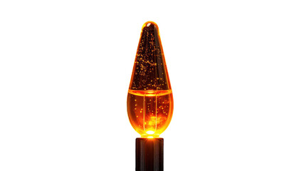 Glowing, teardrop-shaped light with bubbles in amber liquid, atop a black base, set against a dark backdrop
